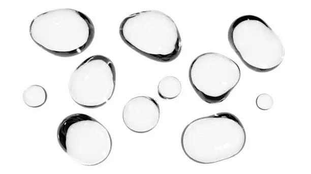 Water drops isolate. Transparent drops or bubbles of liquid on an empty white background. High quality photo