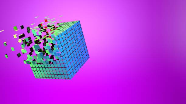 3d cube abstract background. Technology futuristic geometric block disintegrating into particles on pink background. High quality 3d illustration