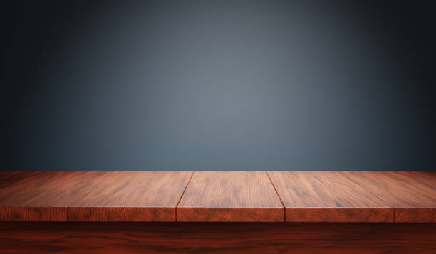 어두운 배경에 나무 테이블. 제품 디스플레이를 위한 장소. 3d 렌더. - cherry wood 뉴스 사진 이미지