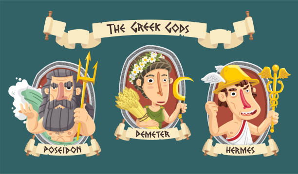 Greek Gods Ancient Greek gods set: Poseidon with his trident ruling the seas, Demeter providing a good harvest and Hermes, the herald of the gods. cartoon of caduceus medical symbol stock illustrations