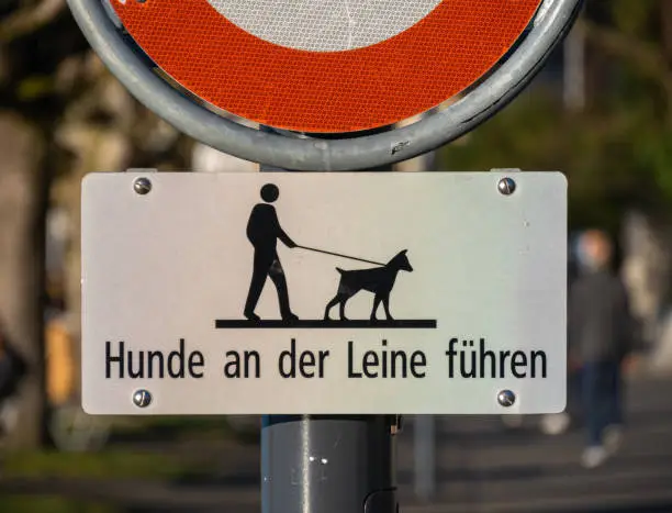 Zug, Switzerland - December 31, 2021: Warning sign before the path for strollers along the lake in Zug, the text is saying Keep the dog on the leash