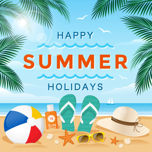Happy Summer Holidays Image for summer holidays with beach ball, starfish, sunglasses, flip flops, summer hat on the beach sand. beach ball stock illustrations