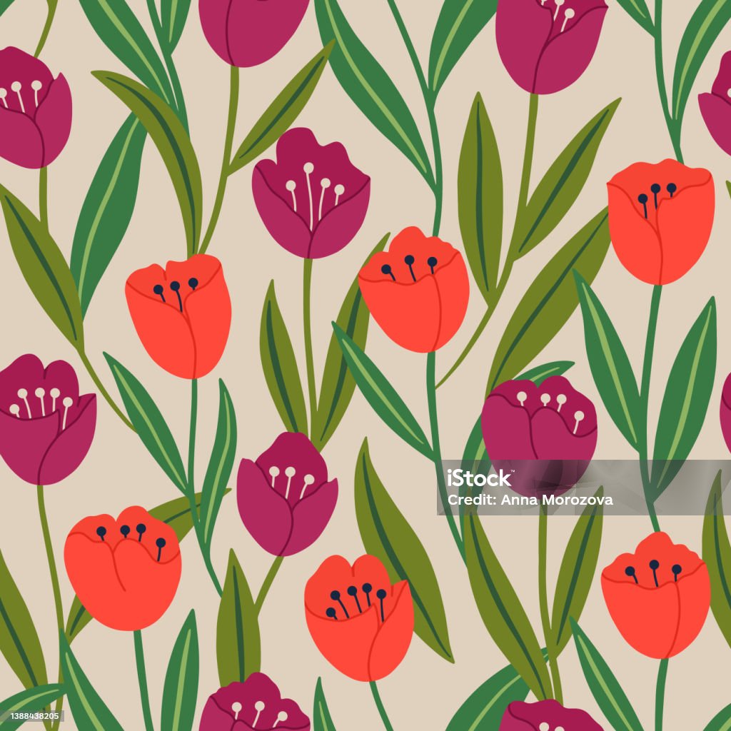 Aesthetic Printable Pattern With Spring Botanical Print Design Decorative Lily Flowers And Leaves Pastel Boho Background In Minimalist Mid Century Style For Fabric Wallpaper Or Wrapping Stock Illustration - Download