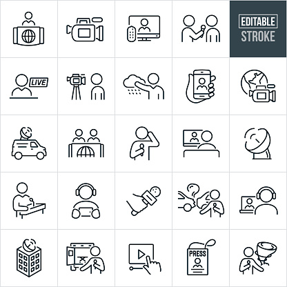 A set of television broadcasting icons that include editable strokes or outlines using the EPS vector file. The icons include a news anchor broadcasting from desk, television camera, television set with remote, news reporter interviewing person, news reporter broadcasting live, new reporter in front of camera recording news, weather forecaster doing news broadcast, news from smartphone, global news, news van with satellite dish, two news anchor reporting news from desk, news reporter with microphone, person watching news on TV from couch, satellite dish with radio waves, person giving interview from podium, hand holding microphone, field news reporter reporting on car accident, person whit headset watching news on laptop, news building with satellite dish on roof, field reporter with microphone with ambulance in background, playing video, press pass and a field reporter reporting on tornado as it spins in background.