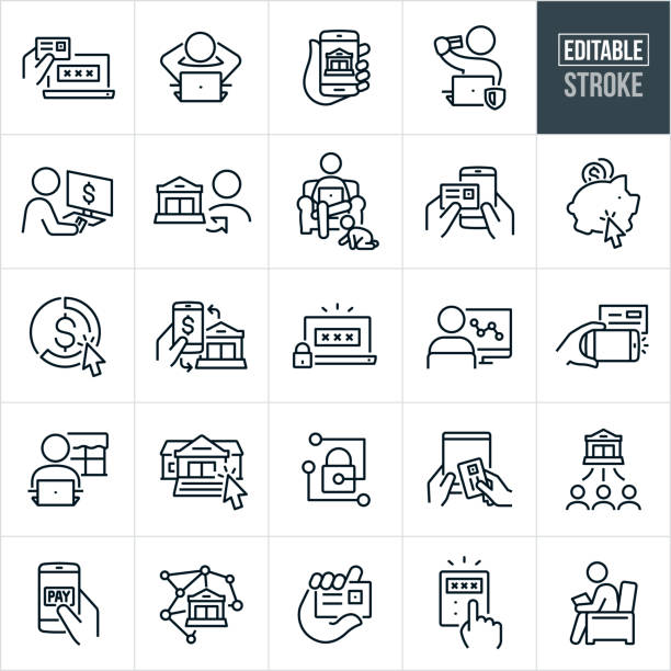 мобильный и онлайн-банкинг тонкая линия иконки - редактируемый инсульт - convenience stock illustrations