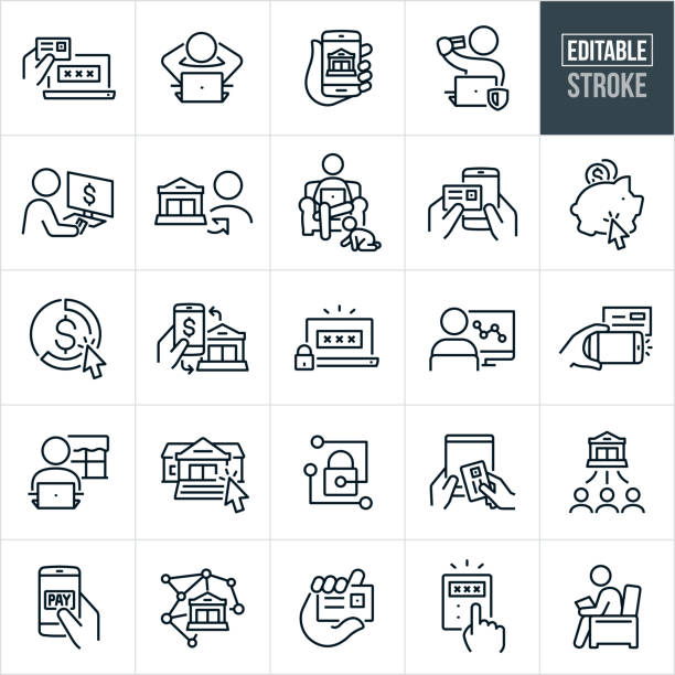 Mobile and Online Banking Thin Line Icons - Editable Stroke A set of mobile and online banking icons that include editable strokes or outlines using the EPS vector file. The icons include a person holding a bank card at computer while doing online banking, person relaxing with hands behind head after doing online banking from laptop computer, hand holding a mobile phone with a bank on the screen, person using a credit card at laptop computer to do online banking, woman seated in chair at home doing online banking from laptop as baby crawls at her feet, person doing online banking from desktop computer, mobile banking using a bank card and smartphone, piggy bank with cursor, bank transfer to smartphone, bill pay using smartphone, password on computer to protect online banking, e-depositing a check by taking photo, person banking from convenience of kitchen table, secure online banking, online banking from tablet PC, paying using smartphone, hand holding credit card, calculator and other related icons. convenience stock illustrations