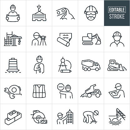 A set of construction icons that include editable strokes or outlines using the EPS vector file. The icons include a construction barrel, construction barrier, dirt on conveyor belt, construction worker wearing hard hat, excavator, surveyor surveying site, blueprint, construction crane a job-site of building construction, engineer with blueprint in hand, drawing compass, cement truck, bulldozer, construction safety vest, construction worker holding stop sign, tape measure with wrench, dump truck dumping dirt, construction engineer reviewing blueprint, stack of cinderblocks, electric hand saw sawing lumber, engineer showing constructed high rise building, construction worker using cement trowel and a bridge with construction crane.