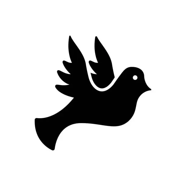 Vector illustration of Dove Symbol of Peace and Freedom Silhouette Icon. Black Pigeon Religious Christian Pictogram. Flying Dove Sign of Love, Faith, Purity. Holy Bird Glyph Icon. Isolated Vector Illustration