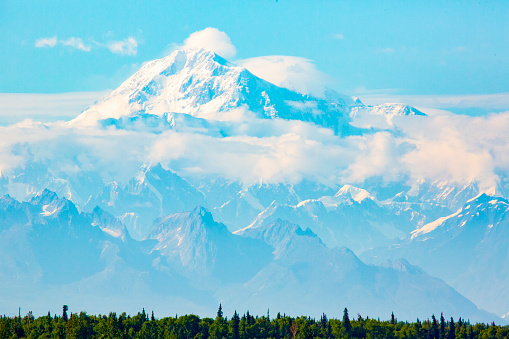 View of Denali mountain peak in Alaska.  It is the highest mountain peak in North America.