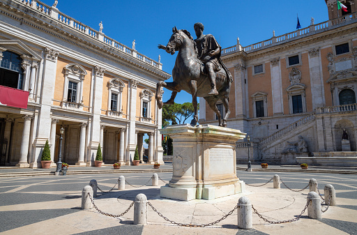 Rome - The bronze statue of emperor Marcus Aurelius on the square Piazza Campidoglio as a copy of original roman statue.