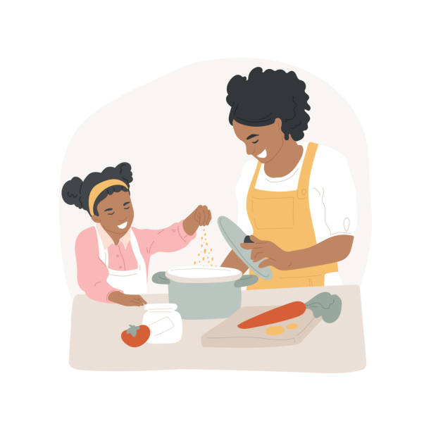 stockillustraties, clipart, cartoons en iconen met cooking with mom isolated cartoon vector illustration - thuisbereiding