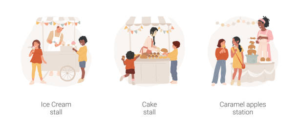 Outdoor school summer fair activity isolated cartoon vector illustration set. Outdoor school summer fair activity isolated cartoon vector illustration set. Ice Cream stall, selling cupcakes and muffins, caramel apples station, food market, chocolate fountain vector cartoon. fete stock illustrations