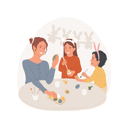 Eggs dyeing isolated cartoon vector illustration Happy parents with kids painting Easter eggs together in the kitchen, religious holiday celebration, old family tradition vector cartoon.