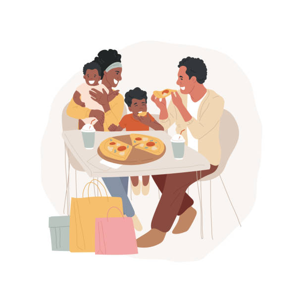 Quick snack isolated cartoon vector illustration Quick snack isolated cartoon vector illustration Family at food court snacking, shopping bags, eating at the mall, having lunch, weekend together, commercial center, snack bar vector cartoon. happy family shopping stock illustrations