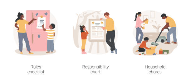 Family rules isolated cartoon vector illustration set. Family rules isolated cartoon vector illustration set. Rules checklist hanging on the fridge, responsibility chart, family member duty, help with household chores, home routine vector cartoon. school cleaning stock illustrations