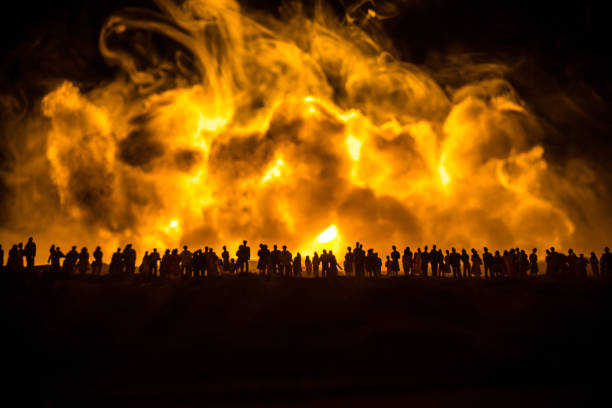 istock Creative artwork decoration war on Ukraine. Crowd looking on giant explosion and attacking soldiers. 1388463401