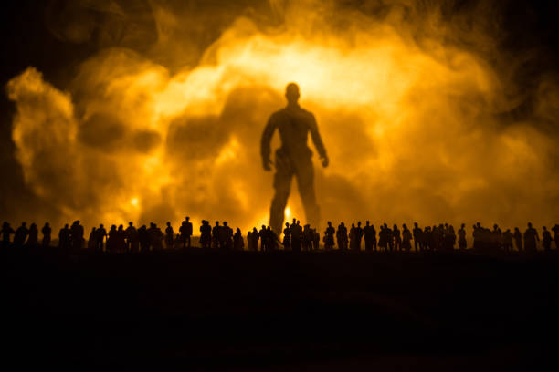 istock Creative artwork decoration war on Ukraine. Crowd looking on giant explosion and attacking soldiers. 1388463404