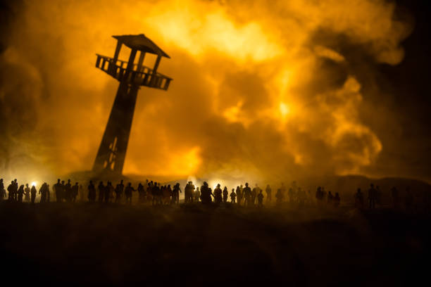 istock Creative artwork decoration war on Ukraine. Crowd looking on giant explosion and attacking soldiers. 1388463419