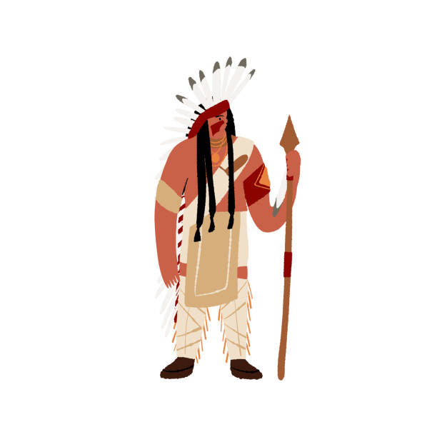 istock Native American man warrior holding a spear. Wild West Indian American guy with war paint, wearing traditional ethnic costume. Indigenous people of America. Vector isolated illustration. 1388469376