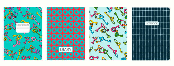 Cover page templates based on seamless patterns with keys, circles. Background for notebooks, notepads, diaries Cover page templates based on seamless patterns with geometric shapes, keys, hand drawn circles, rhombuses. Headers isolated and replaceable. Background for school notebooks, notepads, diaries diary lock book cover book stock illustrations