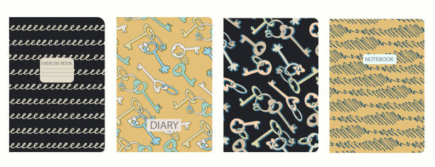 Cover page templates based on seamless patterns with keys, circles. Background for notebooks, notepads, diaries Cover page templates based on seamless patterns with geometric shapes, keys, hand drawn circles, rhombuses. Headers isolated and replaceable. Background for school notebooks, notepads, diaries diary lock book cover book stock illustrations