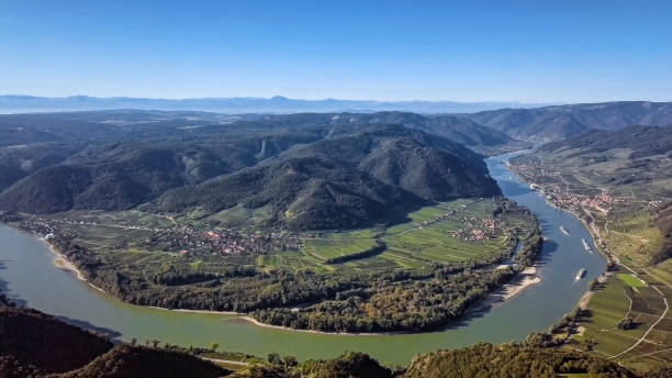 Aerial view of Danube meander in Wachau valley near Durnstein, Austria. Aerial of Wachau valley, Austria durnstein stock pictures, royalty-free photos & images
