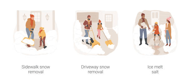 Winter outdoor works isolated cartoon vector illustration set. Winter outdoor works isolated cartoon vector illustration set. Sidewalk snow removal, family working outdoors, driveway snow removal, put ice melt salt, winter backyard maintenance vector cartoon. Driveway stock illustrations