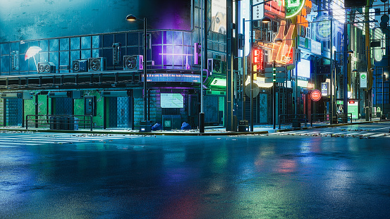 Cyberpunk street with copyspace for add character, 3d render
