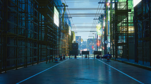 istock Cyberpunk street with copyspace for add character, 3d render 1388480150
