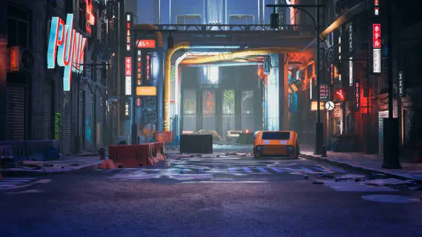 Cyberpunk street with copyspace for add character, 3d render