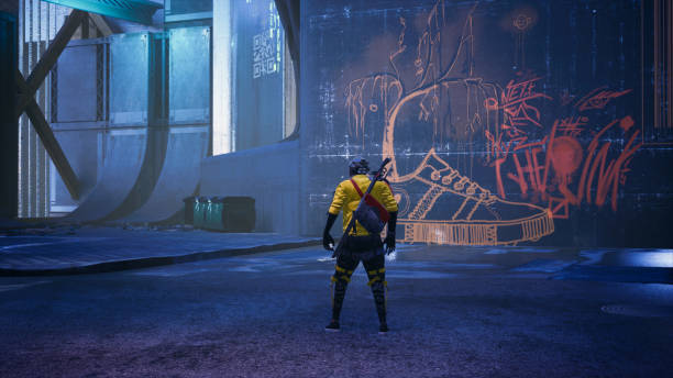 istock Cyberpunk street with character, 3d render 1388480154