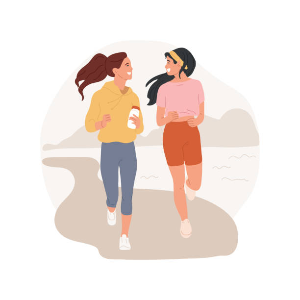 Jogging isolated cartoon vector illustration Jogging isolated cartoon vector illustration Cheerful teenagers in sportswear jogging, active friends runing together, physical activity, girls lifestyle, teen wellness vector cartoon. sporting level stock illustrations