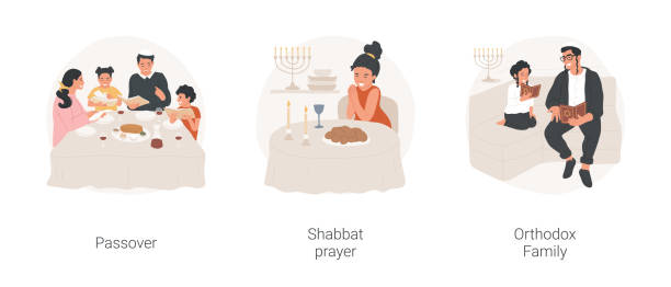 유대인 의식 고립 만화 벡터 일러스트 세트. - seder passover judaism family stock illustrations