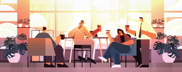mieszaj biznesmenów siedzących przy kawiarnianej stole i pijących kawę podczas spotkania z nowoczesnym wnętrzem kawiarni - tea machine stock illustrations