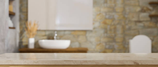 istock Vintage marble bathroom tabletop with copy space against blurred vintage bathroom 1388489677