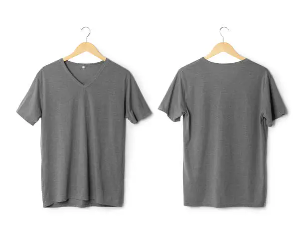 Realistic gray T shirt front and back mockup hanging isolated on white background with clipping path.
