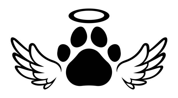 vector paw with wings and halo illustration - morbid angel stock illustrations