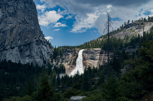 Nevada Falls, lit up in natural light from the John Muir Trail.