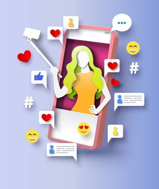 telefon-selfie für social-media-netzwerk-vektor - influencer stock-grafiken, -clipart, -cartoons und -symbole