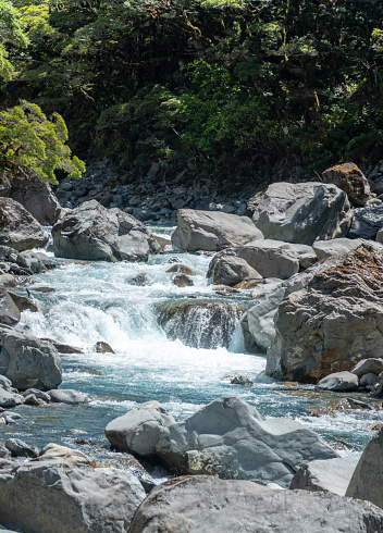 Mountain River of Clear Blue Water Running down Rocks in Fiordland National Park New Zealand