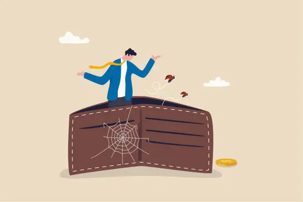 Vector illustration of Poor or poverty with empty wallet, financial problem, trouble to pay rent or loan, bankruptcy or unemployment concept, broke businessman stand with empty wallet with bugs fly around and spider web.
