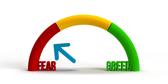 3D Fear and Greed Arch Index concept: Emotional stress factor in Stock Markets.  Crypto currency trading sentiment indicator. Investment risk psychology. Blockchain speculation. Price movements are unpredictable and risky. Blue arrow mowing between red Fear, yellow neutral and green Greed Index.