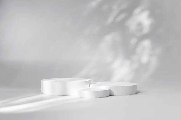 istock White Cylinder podium and tree shadow pedestal product display stand background 3d rendering 1388509359