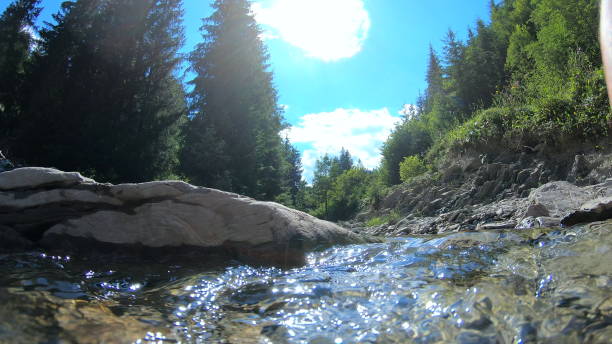 istock Very beautiful mountain landscape scene with flowing river and bright reflection 1388509735
