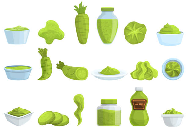 zestaw ikon wasabi, styl kreskówkowy - wasabi stock illustrations