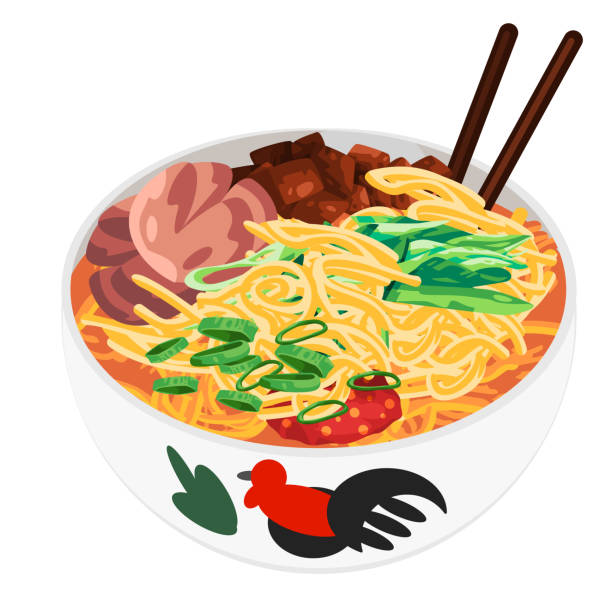 ilustrações, clipart, desenhos animados e ícones de sopa de macarrão de frango refeição estilo indonésio em ilustração de tigela branca com pauzinho e bola de carne - soup chicken soup chicken noodle soup food