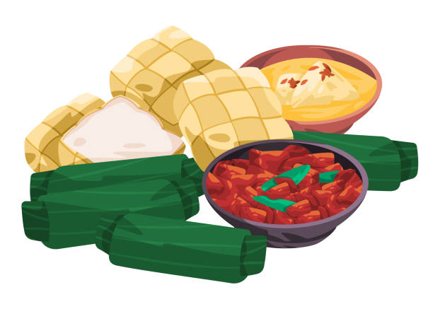 фестиваль еды ketupat lontong индонезия во время праздника лебаран ид ислам - rice cake stock illustrations