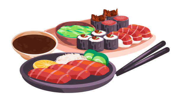 ilustrações, clipart, desenhos animados e ícones de sushi sashimi tunasalmon definir tradicional ilustração de desenho de comida asiática japonesa - chopsticks nobody red white background