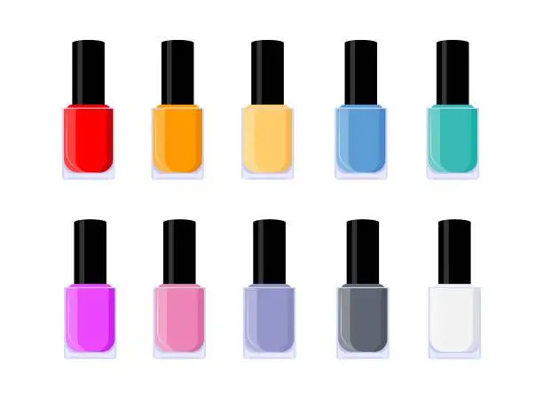 Vector illustration of Multicolor cartoon nail polish collection. Hand hygiene solution. Beauty manicure themed vector illustration for icon, stamp, label, sticker, badge, gift card, certificate or flayer decoration