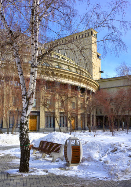 Theater Park with bare birches in spring. Novosibirsk, Siberia, Russia, 2022